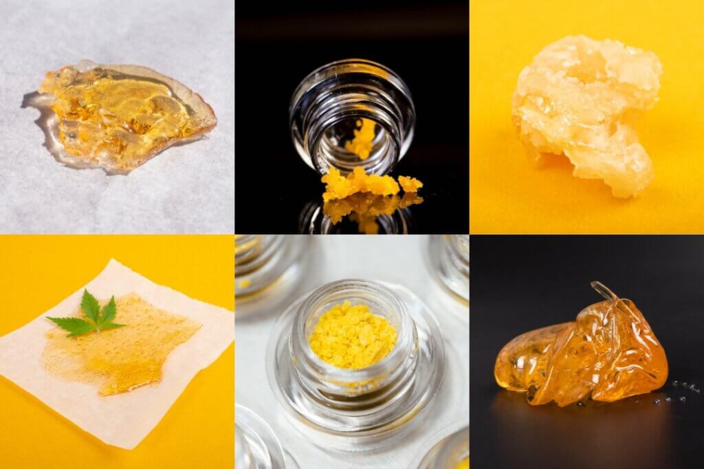 Various types of cannabis concentrates (wax, shatter, live resin, rosin, hash, etc)