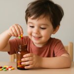CR packaging: Adorable boy fill medicine pills in the jar