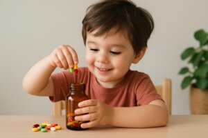 CR packaging: Adorable boy fill medicine pills in the jar