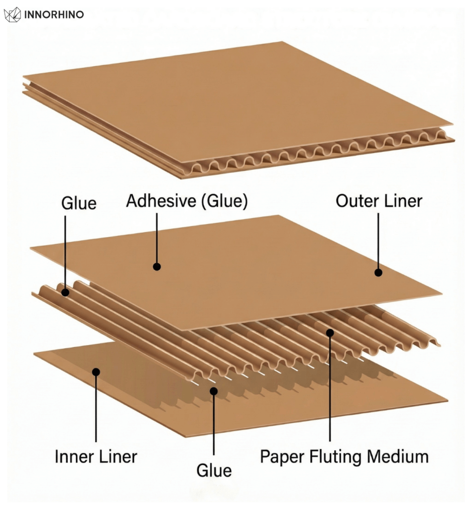 Diagram of corrugated cardboard structure showing outer liner, inner liner, fluting medium, and glue layers. by INNORHINO
