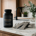 Premium matte black supplement bottle and metallic stick packs displayed on a clean marble kitchen island. Showcasing high-end, medical-grade packaging that blends seamlessly into a modern home aesthetic and daily lifestyle.