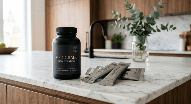Premium matte black supplement bottle and metallic stick packs displayed on a clean marble kitchen island. Showcasing high-end, medical-grade packaging that blends seamlessly into a modern home aesthetic and daily lifestyle.