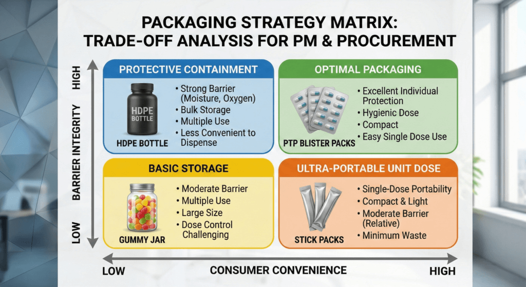 A 2x2 packaging strategy matrix chart illustrating the trade-off analysis between barrier integrity and consumer convenience. It categorizes supplement packaging options—HDPE bottles, gummy jars, PTP blister packs, and stick packs—into four strategic quadrants to assist product managers and procurement teams.
