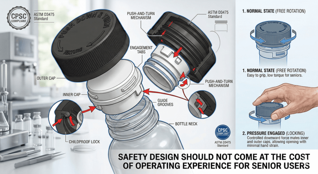 Exploded view of a Child-Resistant (CR) cap mechanism showing inner and outer cap engagement, alongside a senior-friendly opening demonstration. Highlighting US CPSC compliance and inclusive packaging engineering.
