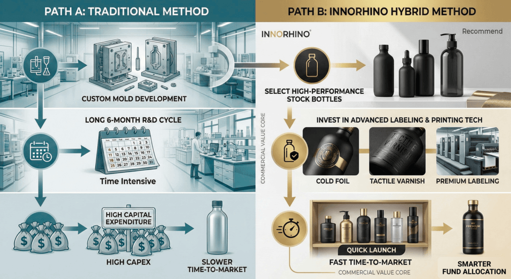 Process comparison chart: Traditional custom supplement packaging mold development (high cost, long R&D cycle) versus the INNORHINO Hybrid Packaging Strategy (using high-performance stock bottles combined with premium printing techniques). The chart highlights commercial value, fast time-to-market, and reduced CapEx.