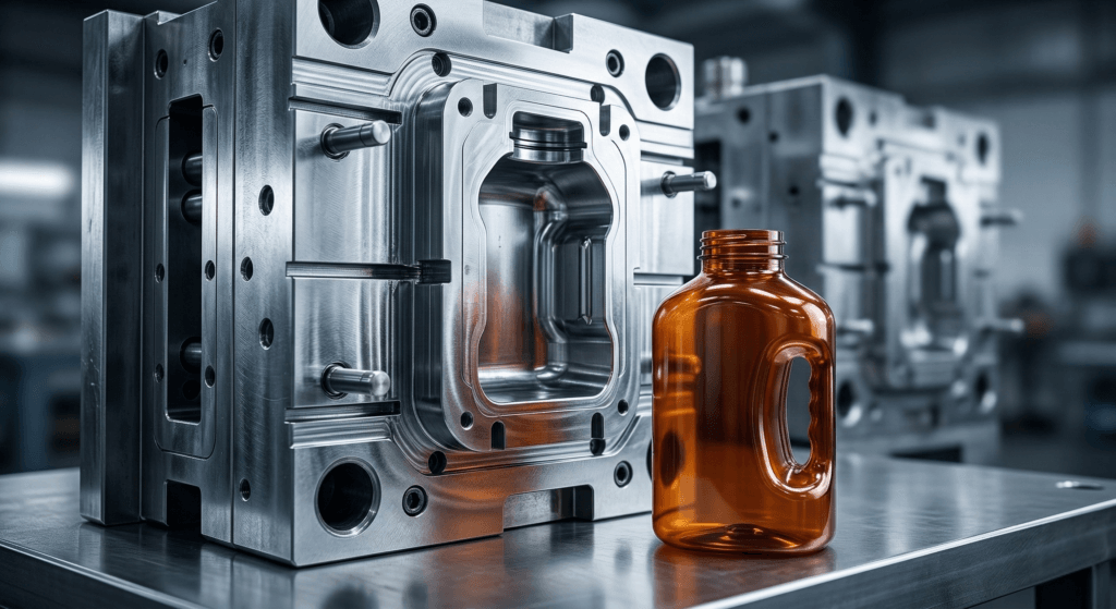 Close-up of a steel injection mold cavity next to a uniquely shaped custom supplement bottle.