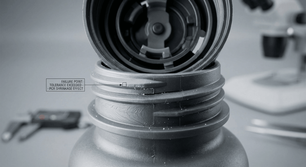 Macro photograph showing the precise thread tolerances between a supplement bottle neck and a child-resistant closure.