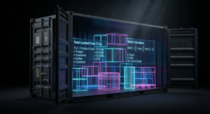 Infographic showing the iceberg model of packaging costs, contrasting visible FOB unit price with hidden TLC factors like freight and compliance.