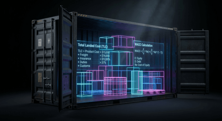 Infographic showing the iceberg model of packaging costs, contrasting visible FOB unit price with hidden TLC factors like freight and compliance.