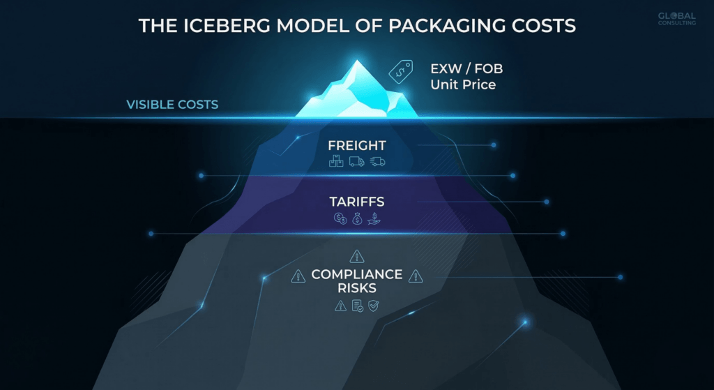 Infographic showing the iceberg model of packaging costs, contrasting visible FOB unit price with hidden TLC factors like freight and compliance.