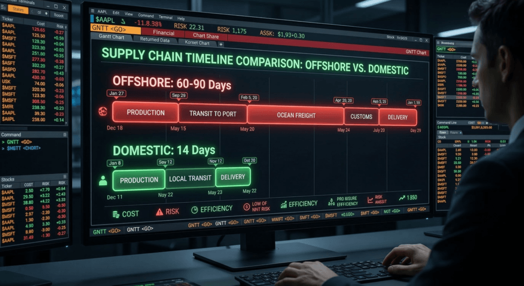 Financial Gantt chart comparing the 60-to-90-day cash conversion cycle of offshore sourcing against the 14-day agility of domestic manufacturing.