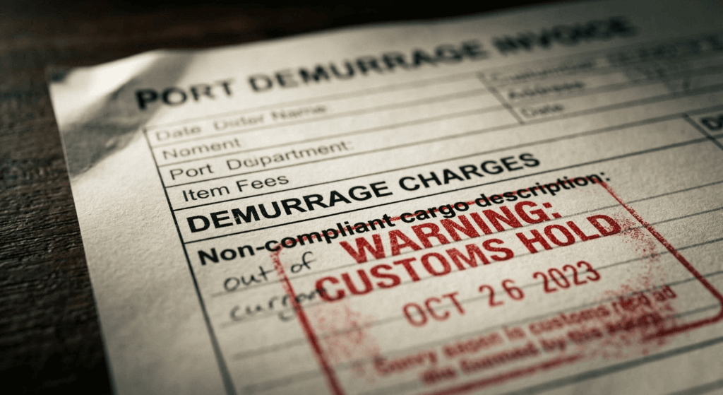 Close-up macro shot of a mock port demurrage notice and compliance violation document, highlighting regulatory risks in packaging.