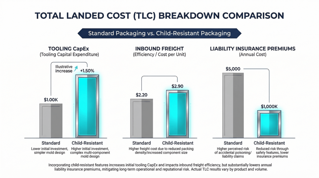Financial bar chart comparing Total Landed Cost components between standard and child-resistant packaging.
