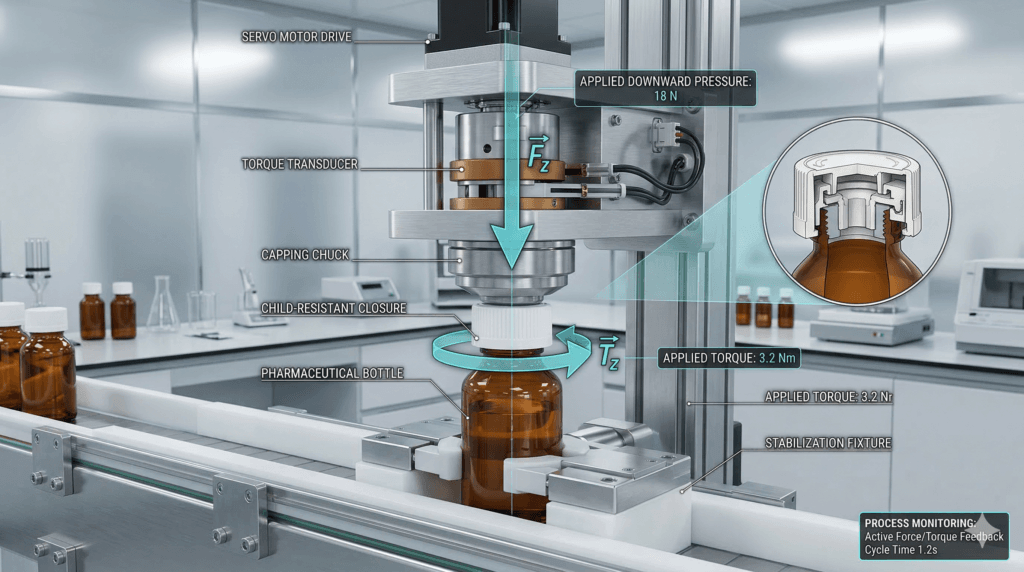 Technical schematic of a capping machine applying downward force and rotational torque to a CR cap.
