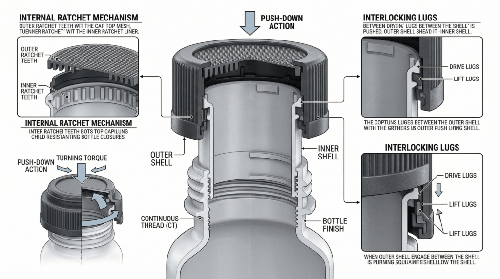 3D cross-section diagram of a push-and-turn child-resistant closure showing internal ratchets and threads.
