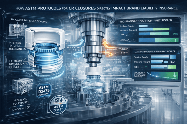 This single integrated hero image visualizes the intricate end-to-end strategic causal relationship: micro-tolerances engineered by SPI Class 101 molds (cause) drive success in CPSC compliance protocols (process), which directly reset the Total Landed Cost (TLC) baseline by radically reducing liability insurance premiums, despite increasing initial Tooling CapEx and slightly slowing line speeds (effect).