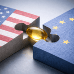 Concept photograph of US and EU compliant paperboard packaging structures protecting a supplement softgel, corporate finance and engineering aesthetic.