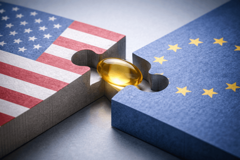 Concept photograph of US and EU compliant paperboard packaging structures protecting a supplement softgel, corporate finance and engineering aesthetic.