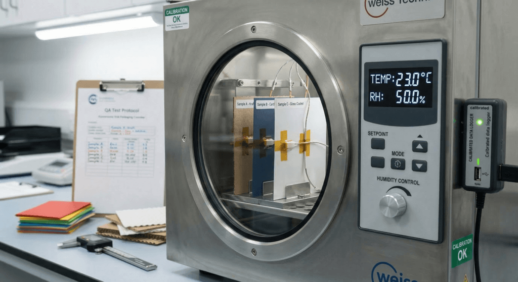 Technical illustration of laboratory environmental testing on paperboard samples.
