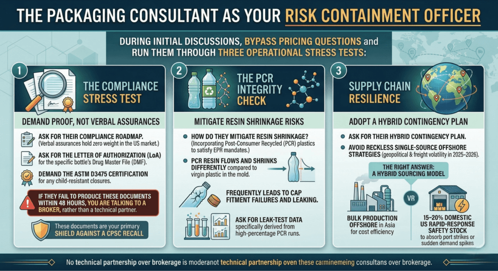 This infographic serves as a strategic guide for evaluating packaging consultants through three critical lenses: compliance, material integrity, and supply chain resilience. Here is a summary of the operational stress tests outlined:

The Compliance Stress Test: Move beyond verbal assurances and demand tangible proof to protect your business from CPSC recalls. Require a detailed compliance roadmap, the specific Drug Master File (DMF) Letter of Authorization, and ASTM D3475 certification for child-resistant closures. A failure to provide these within 48 hours is a major red flag that you are dealing with a broker rather than a technical partner.

The PCR Integrity Check: While vital for EPR mandates, integrating Post-Consumer Recycled plastics introduces significant engineering risks. PCR resin has distinct flow and shrinkage characteristics that can lead to cap fitment issues and leakage. Ask for leak-test data specifically derived from high-percentage PCR runs to ensure performance stability.

Supply Chain Resilience: Relying solely on offshore production is a reckless strategy for 2025–2026 given current geopolitical volatility. A true strategic partner will propose a hybrid sourcing model. This balances cost efficiency through bulk offshore manufacturing with a 15–20% domestic US rapid-response safety stock to absorb port strikes or sudden demand spikes.