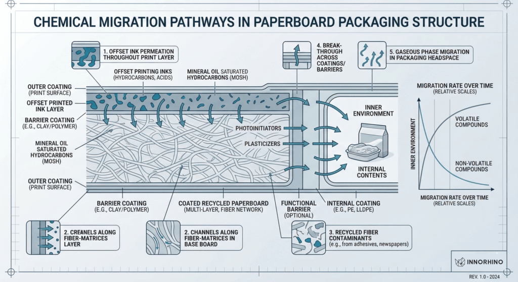 Engineering diagram showing chemical migration from ink through paperboard fibers.