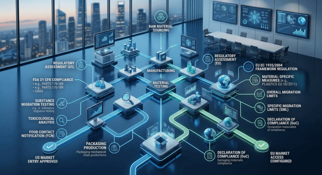Corporate flowchart comparing US FDA and EU regulatory compliance pathways.