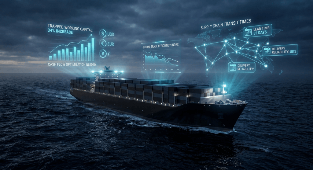 Conceptual 3D visualization of an offshore cargo ship, representing global supply chain transit times and tied-up working capital.
