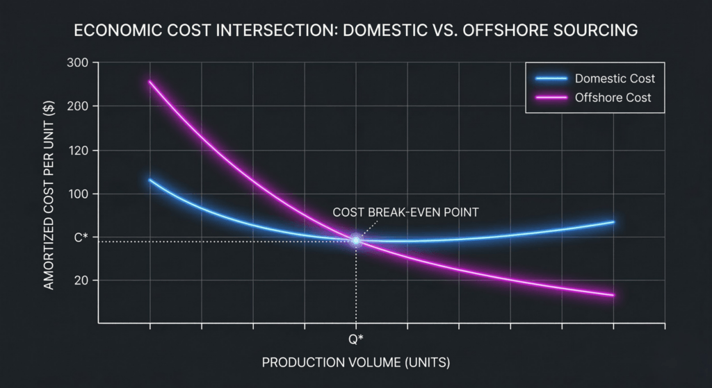 Economic line graph illustrating the sourcing breakeven point where offshore high-volume savings intersect with domestic agility and tooling amortization.