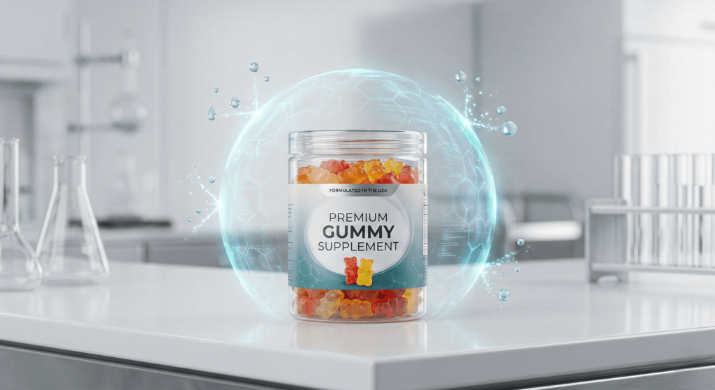Clear gummy supplement jar with a conceptual moisture and oxygen barrier shield, comparing bio-based plastics and traditional PET.
