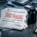 Top-down view of a desk showing US customs documents stamped with a red 'REJECTED' seal next to an empty supplement bottle, illustrating supply chain compliance risks.