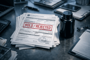 Top-down view of a desk showing US customs documents stamped with a red 'REJECTED' seal next to an empty supplement bottle, illustrating supply chain compliance risks.