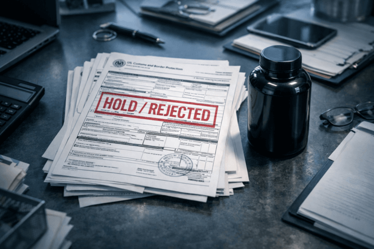 Top-down view of a desk showing US customs documents stamped with a red 'REJECTED' seal next to an empty supplement bottle, illustrating supply chain compliance risks.