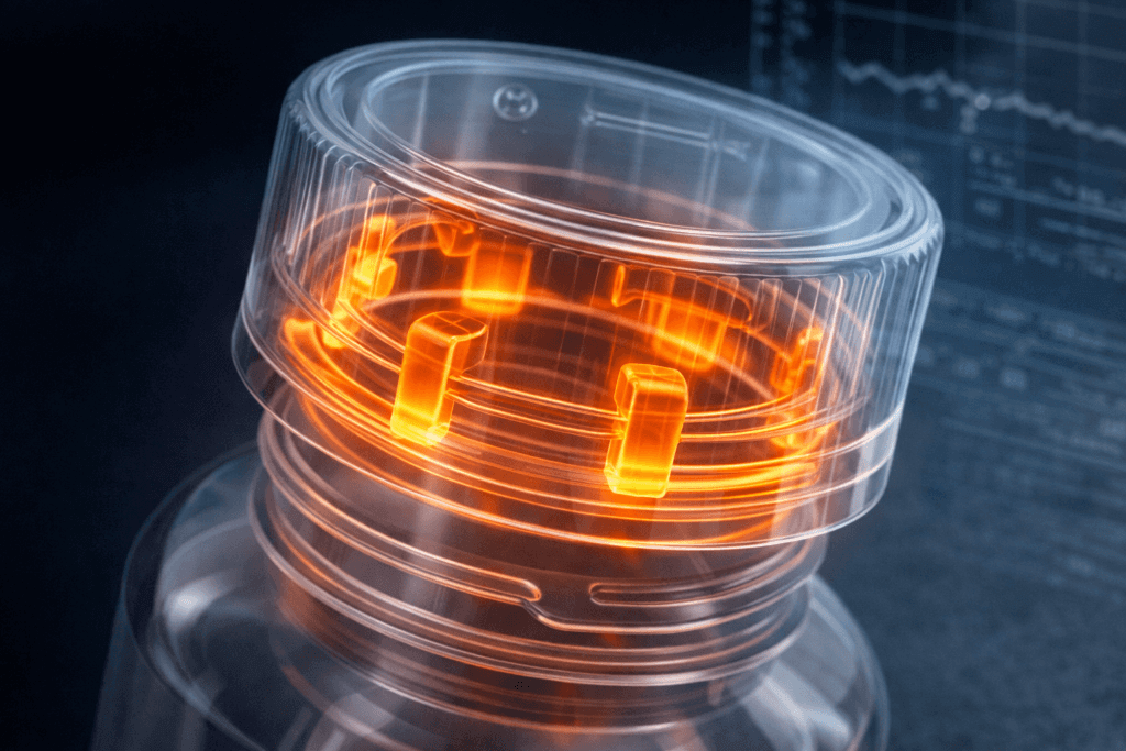 X-ray view of a Push-and-Turn child-resistant bottle cap highlighting the internal locking lugs, emphasizing the mechanical engineering required to pass CPSC 16 CFR Part 1700 regulations.