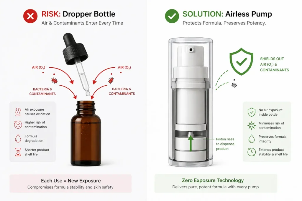Comparison of dropper bottle oxidation risk versus airless pump protection for skincare serums.