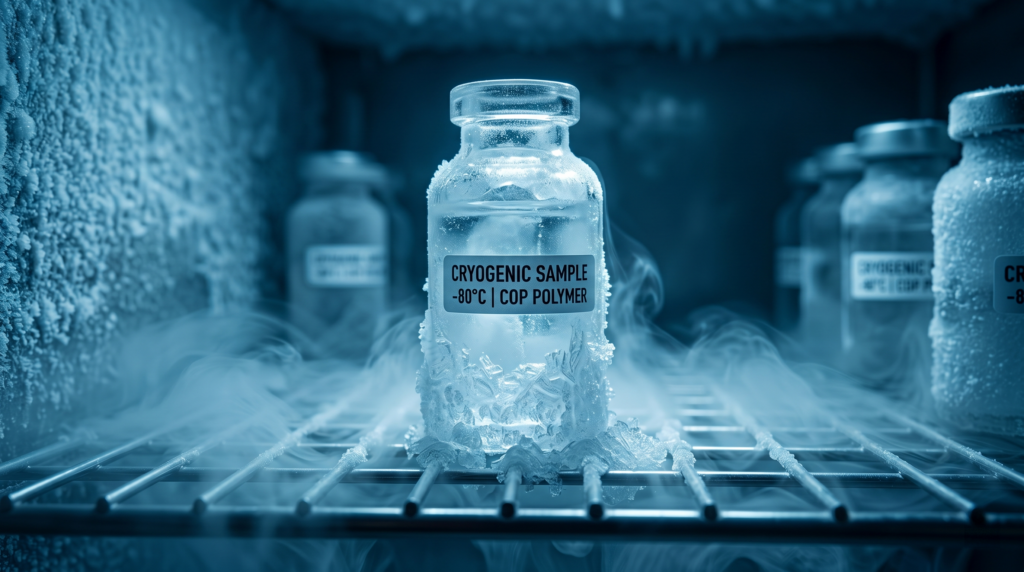 A durable COP polymer vial maintaining absolute structural integrity in a -80°C cryogenic deep-freeze cold-chain environment.