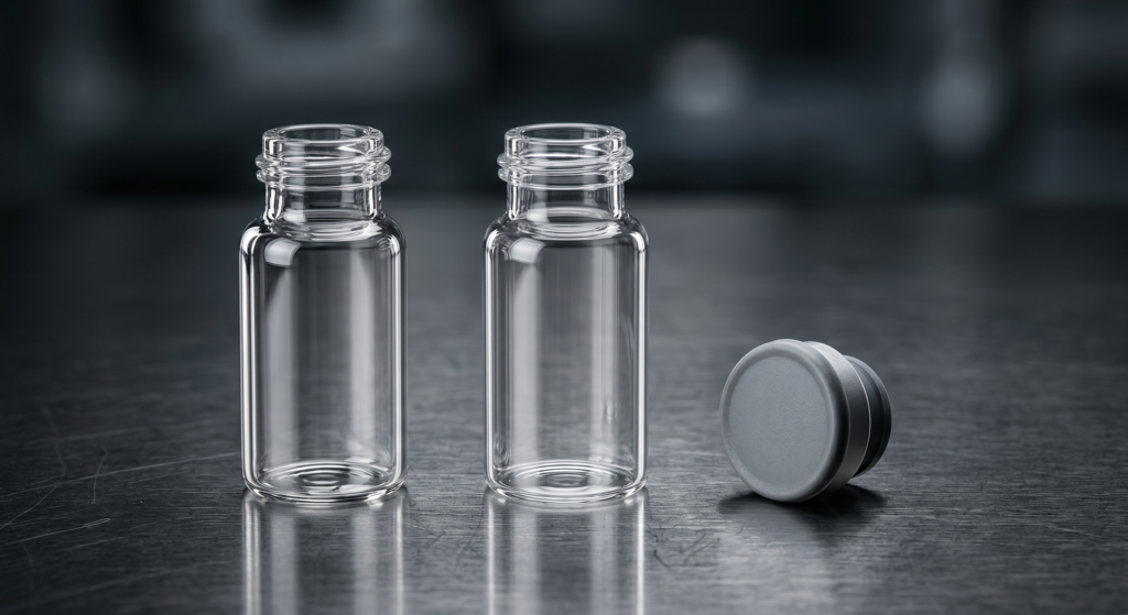 A comparison of pharmaceutical borosilicate glass vials, COP polymer vials, and ETFE-coated stoppers used for different peptide topologies.