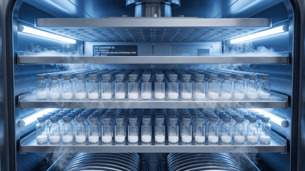 Sterile pharmaceutical vials inside a vacuum lyophilization chamber undergoing the freeze-drying process to halt hydrolysis.