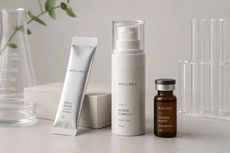 Premium peptide packaging solutions including airless pumps, amber glass vials, and high-barrier stick packs.