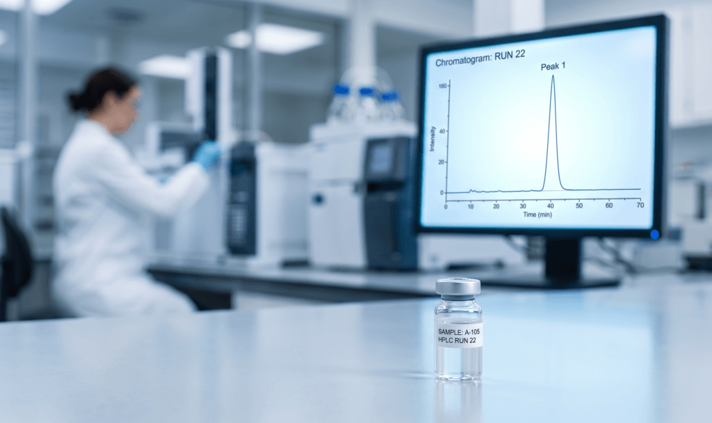 Analytical chemistry equipment performing HPLC analysis to validate peptide purity and container closure integrity testing (CCIT).