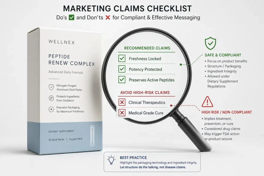 FDA compliant marketing claims for peptide skincare and supplement packaging.
