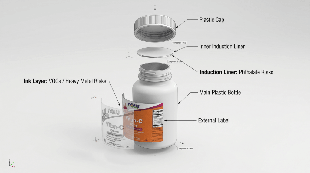 3D exploded view of a supplement bottle breaking down its components—cap, liner, bottle, label, and ink—highlighting hidden toxic risks like VOCs and phthalates under California Proposition 65.