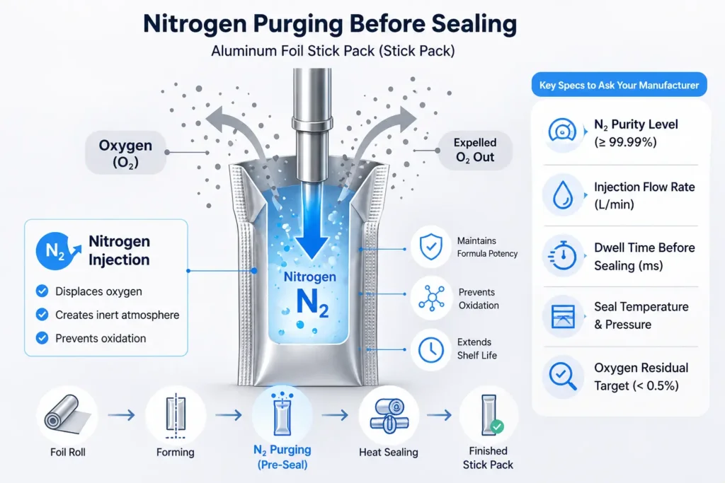 Diagram showing headspace nitrogen flushing process in dietary supplement manufacturing.